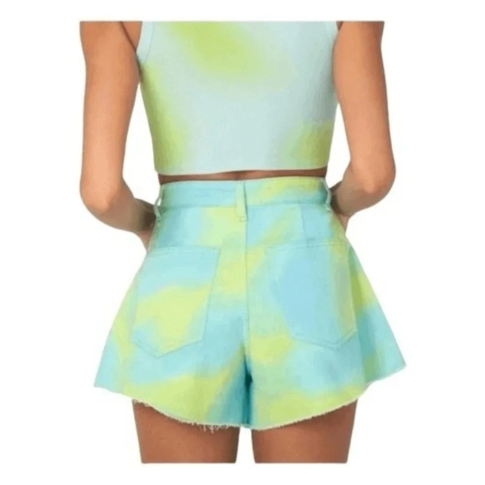 WeWoreWhat Jean Shorts Blue Green Tie Dye Wide Leg Flare Bell Denim 26‎
